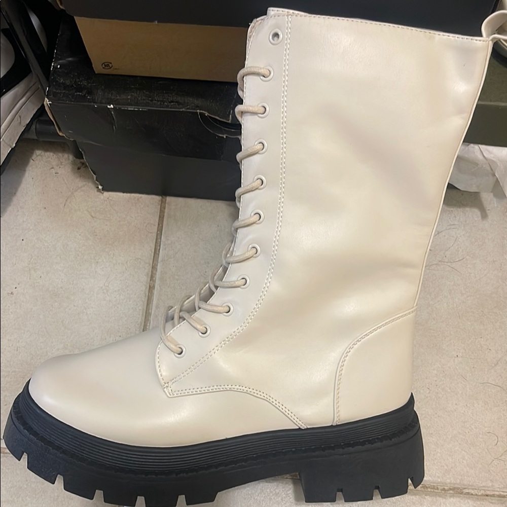 Women's Cream Lace-Up Boots -New. Never Worn